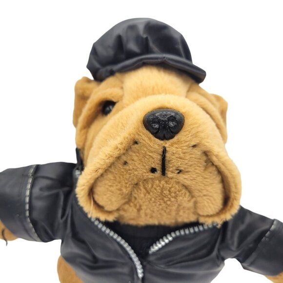 Dan Dee Biker Shar Pei Puppy Dog 10" Tan Black Vinyl Jacket Cap Stuffed Toy - Picture 5 of 7